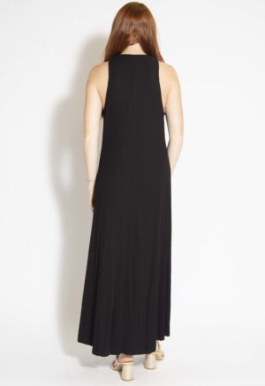 Back view of straight size model wearing Black Rib Sleeveless Maxi Dress.