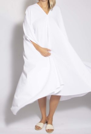 Front view of straight size model wearing White Seersucker Double V Cuff-Sleeve Kaftan.
