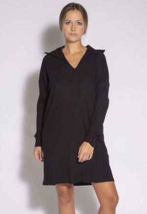 Front view of straight size model wearing Black Collar Rib Tunic/Dress.