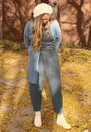 Front view of straight size model wearing Hazy Blue Reversible Easy Fleece Pant and Reversible Cropped Pullover.