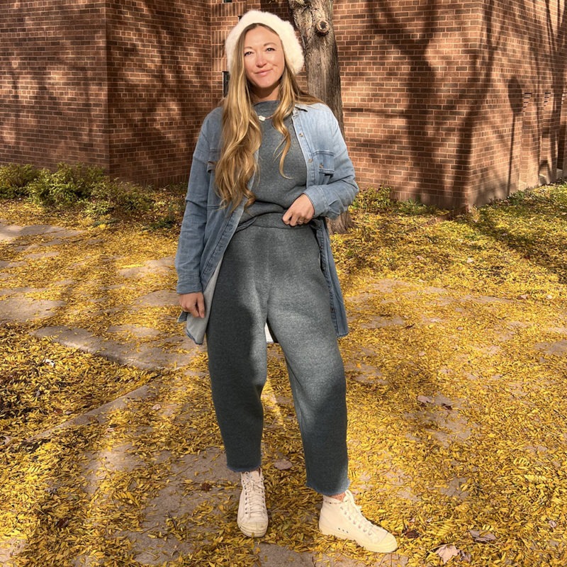 Front view of straight size model wearing Hazy Blue Reversible Easy Fleece Pant and Reversible Cropped Pullover.