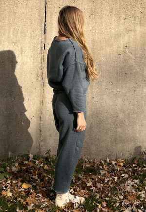 Side view of straight size model wearing Hazy Blue Reversible Easy Fleece Pant and Reversible Cropped Pullover.