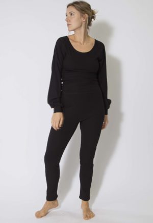 Front view of straight size model wearing Black Rib Leggings.
