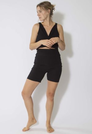 Front view of straight size model wearing Black Rib Biker Shorts.
