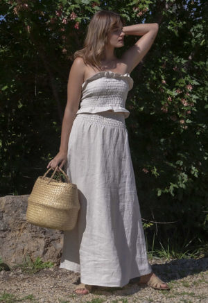 Front view of straight size model wearing Oatmeal Linen Ruched Swing Skirt.