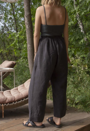 Back view of straight size model wearing Black Linen Drawstring Wide-Leg Pants.