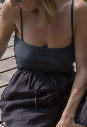 Front view of straight size model wearing Black Linen Drawstring Wide-Leg Pants.