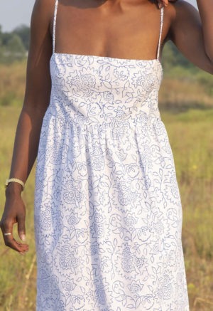 Front view of straight size model wearing White & Blue Floral Straightaway Midi Dress.
