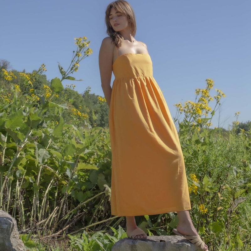 Front/side view of straight size model wearing Gold Straightaway Midi Dress.