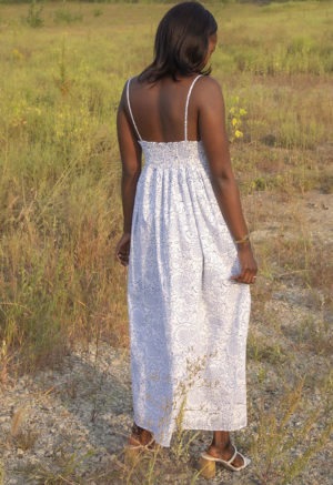 Back view of straight size model wearing White & Blue Floral Straightaway Midi Dress.