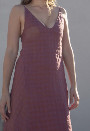 Front view of straight size model wearing Blush Check V-Neck Maxi Slip Dress.