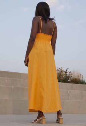 Back view of straight size model wearing Gold V-Neck Maxi Slip Dress.