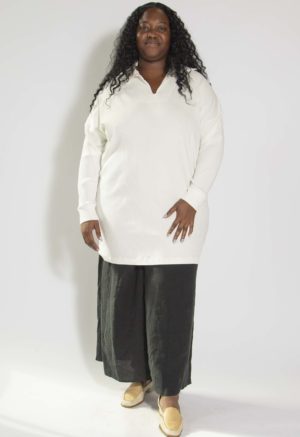 Front view of plus size model wearing Ivory Collar Rib Tunic/Dress.