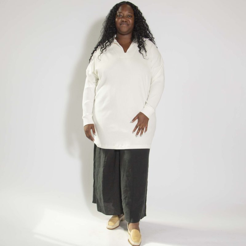Front view of plus size model wearing Ivory Collar Rib Tunic/Dress.
