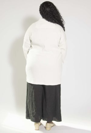 Back view of plus size model wearing Ivory Collar Rib Tunic/Dress.