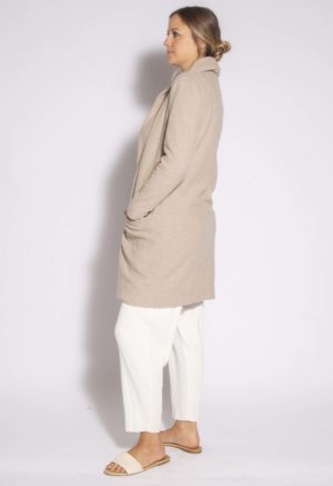 Side view of straight size model wearing Beige Wool-Blend Open Jacket.