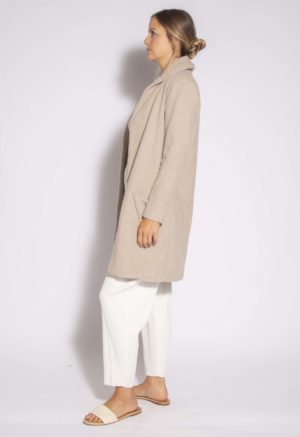 Side view of straight size model wearing Beige Wool-Blend Open Jacket.