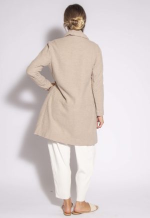 Back view of straight size model wearing Beige Wool-Blend Open Jacket.