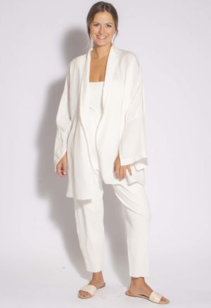 Front view of straight size model wearing Ivory Open Shawl Collar Jacket.