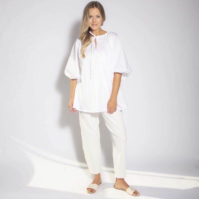 Front view of straight size model wearing White Drawstring Neck Peasant Blouse.