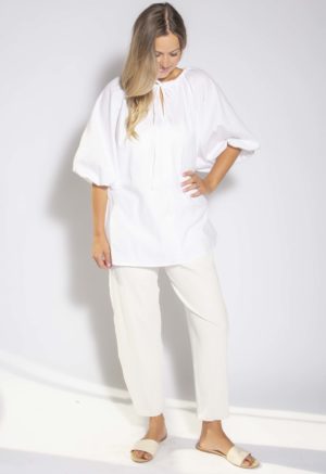 Front view of straight size model wearing White Drawstring Neck Peasant Blouse.
