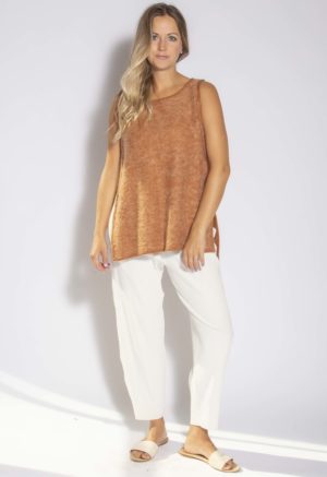 Front view of straight size model wearing Copper Open-Sided Sweater Vest.