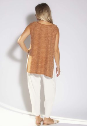 Back view of straight size model wearing Copper Open-Sided Sweater Vest.