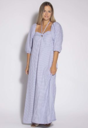 Front view of straight size model wearing Stripe Keyhole Maxi Dress.