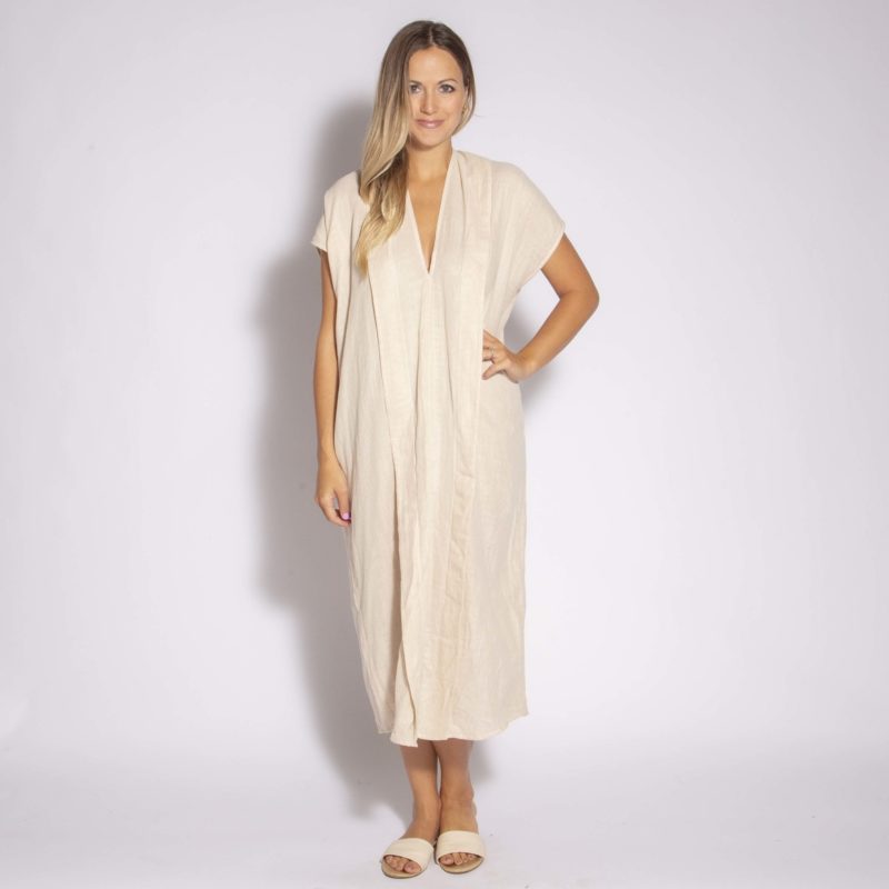 Front view of straight size model wearing White/Tan Stripe Double V Midi Dress.
