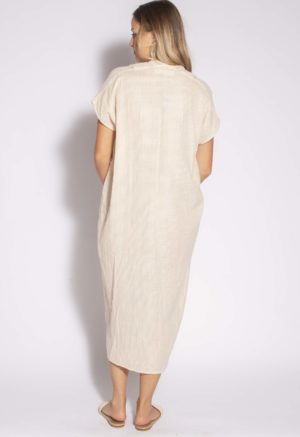 Back view of straight size model wearing White/Tan Stripe Double V Midi Dress.