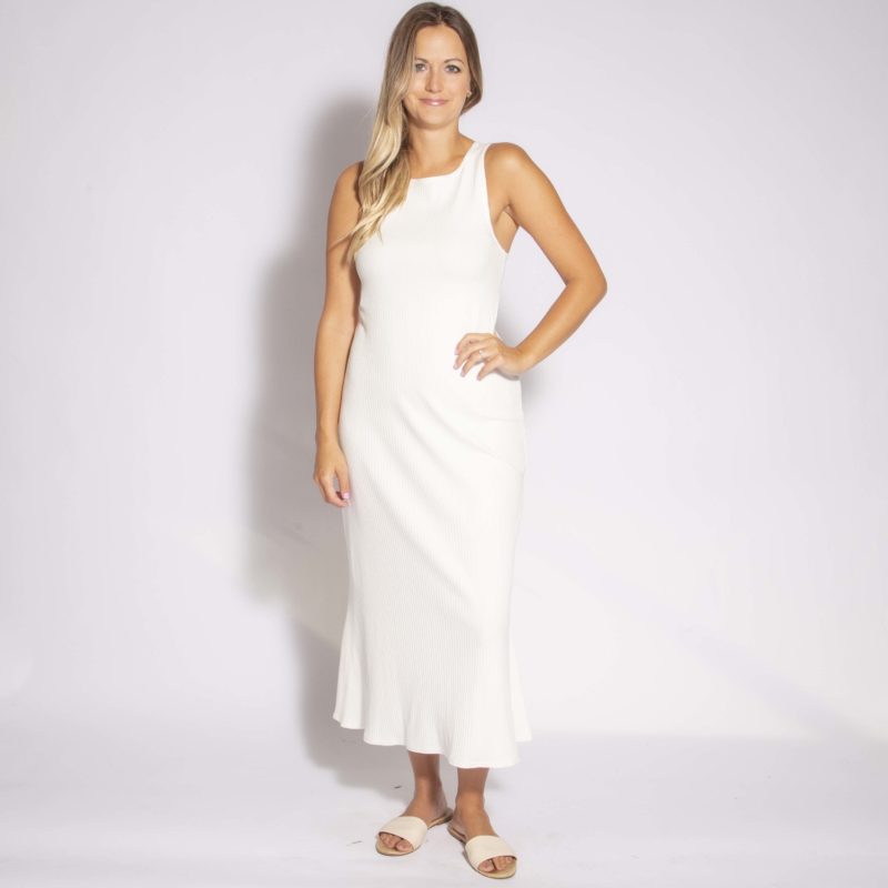 Front view of straight size model wearing Ivory Rib Sleeveless Maxi Dress.