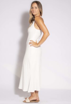 Side view of straight size model wearing Ivory Rib Sleeveless Maxi Dress.