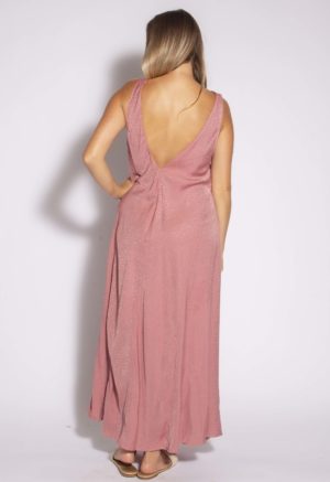 Back view of straight size model wearing Shiny Pink Leaves V-Back Maxi Dress.