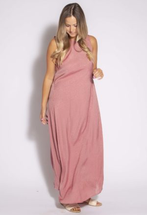 Front view of straight size model wearing Shiny Pink Leaves V-Back Maxi Dress.