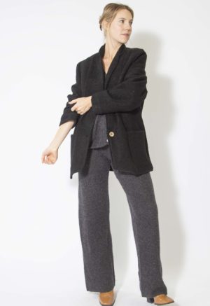 Front view of straight size model wearing Black Wool Blazer.