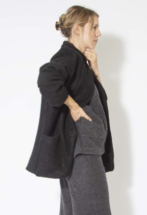 Side view of straight size model wearing Black Wool Blazer.