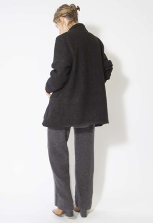 Back view of straight size model wearing Black Wool Blazer.