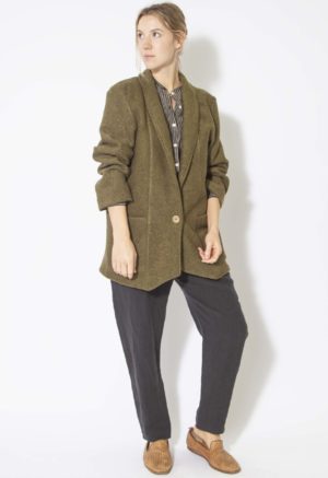 Front view of straight size model wearing Olive Wool Blazer.