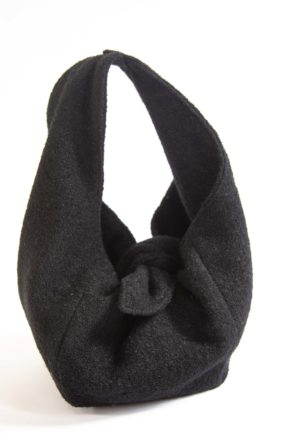 Side view of Black Wool Boucle Small Tie Tote.