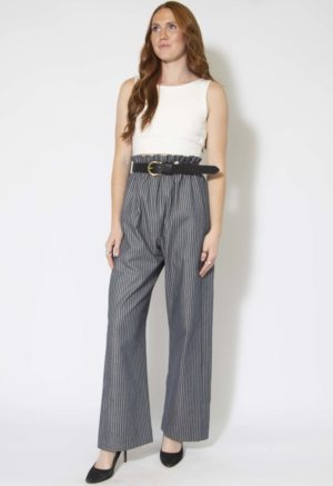 Front view of straight size model wearing Stripe Denim Paper Bag Trousers.