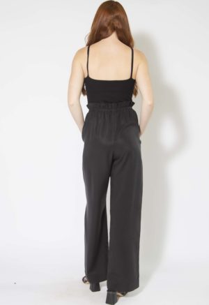 Back view of straight size model wearing Black Lyocell Paper Bag Trousers.