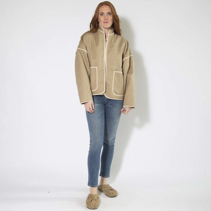 Front view of straight size model wearing Nomad Hemp Round Collar Jacket.