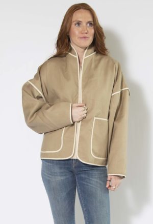 Front view of straight size model wearing Nomad Hemp Round Collar Jacket.