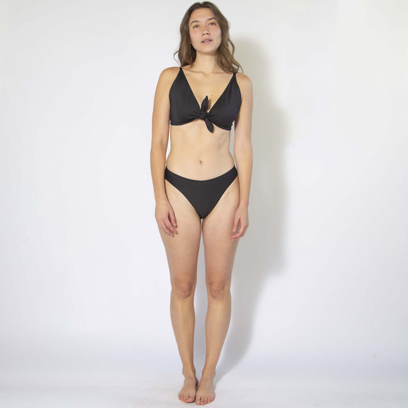 Front view of straight size model wearing Black High Rise Bikini Bottoms.