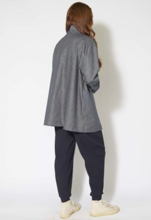 Back view of straight size model wearing Stripe Denim Work Jacket.