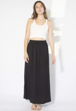 Front view of straight size model wearing Black Side Slit Maxi Skirt.
