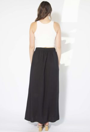 Back view of straight size model wearing Black Side Slit Maxi Skirt.
