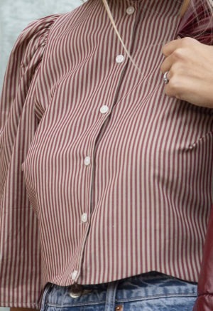 Close-up front view of straight size model wearing Burgundy and Tan Striped Puff Sleeve Cropped Top.,