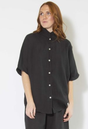 Front view of straight size model wearing Black Linen Dolman Sleeve Button-Up.