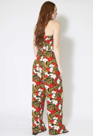 Back/side view of straight size model wearing Island Floral Paper Bag Trousers.
